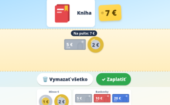 Snímka obrazovky hry Na nákupe – platíme eurami – tovar Kniha s cenovkou 7 €, pult s mincami a peňaženka