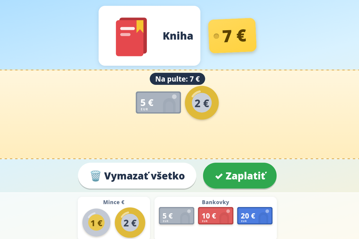 Snímka obrazovky hry Na nákupe – platíme eurami – tovar Kniha s cenovkou 7 €, pult s mincami a peňaženka